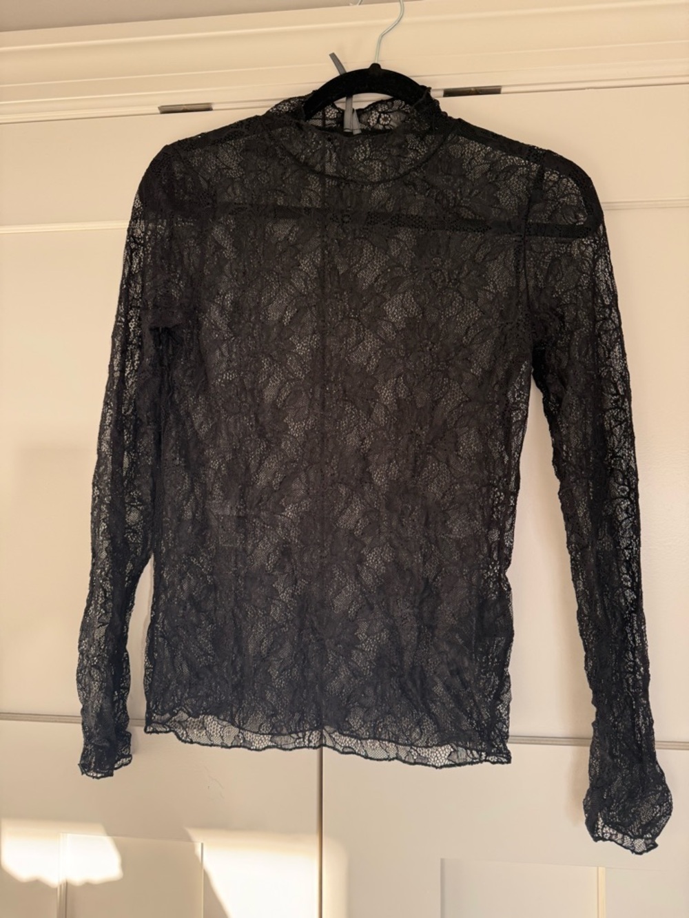 Anthropologie Black Lace Long-Sleeve Mock Neck Top